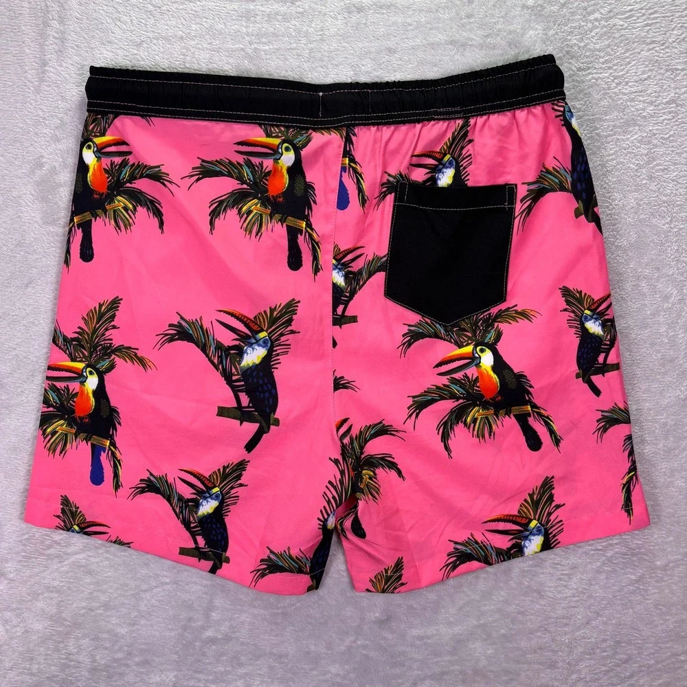 Public Record Mens Swim Shorts L Pink Toucan Birds of Paradise Tropical Trunks